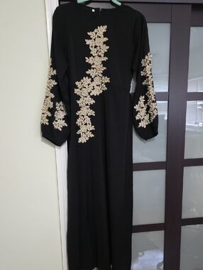 Black Maxi Dress with Gold Floral AppliquΓ©